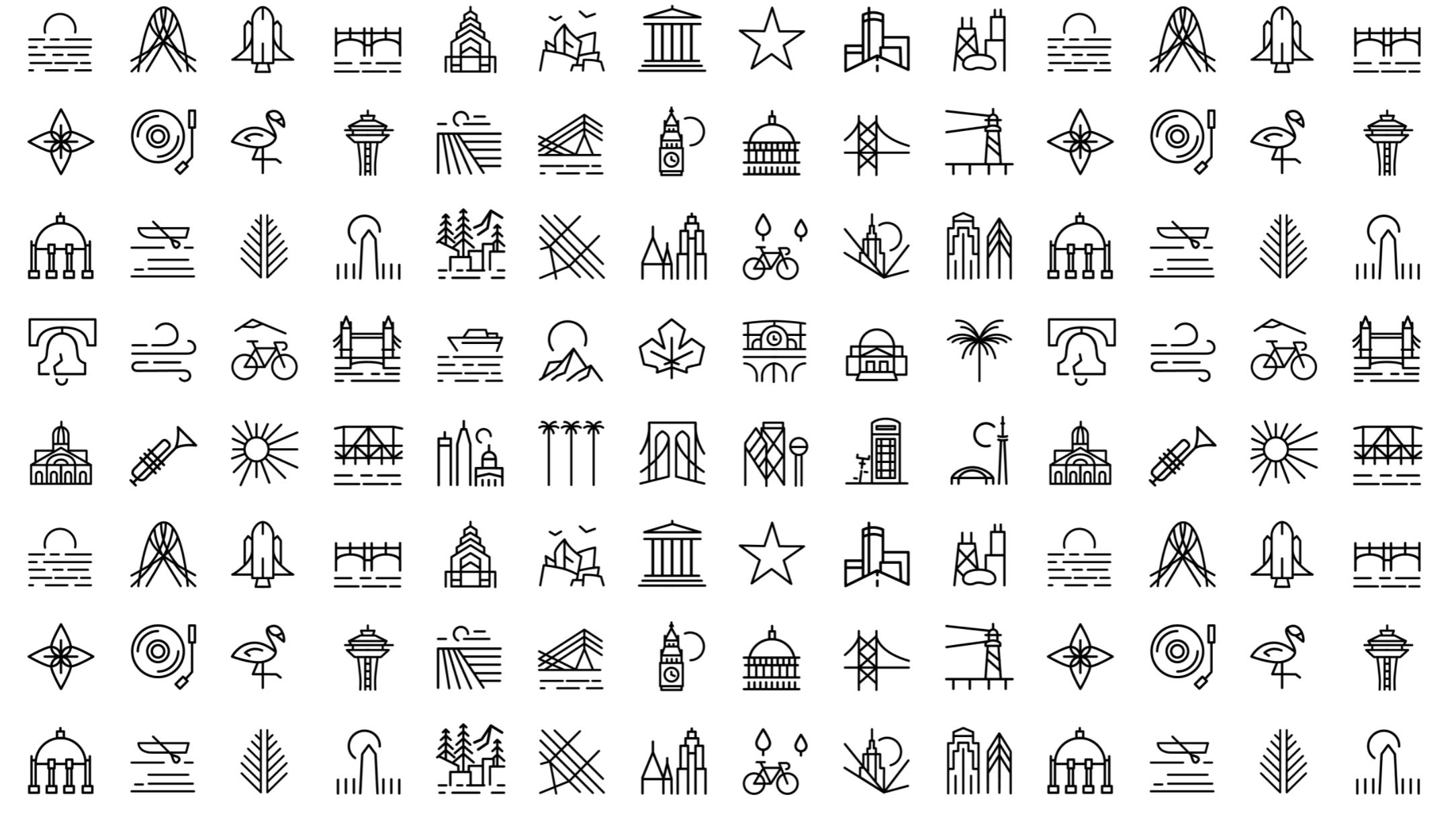 Modular icon system for Peloton's City Collection — a grid of line-art landmark, culture, and local-identity icons repeating across cities.