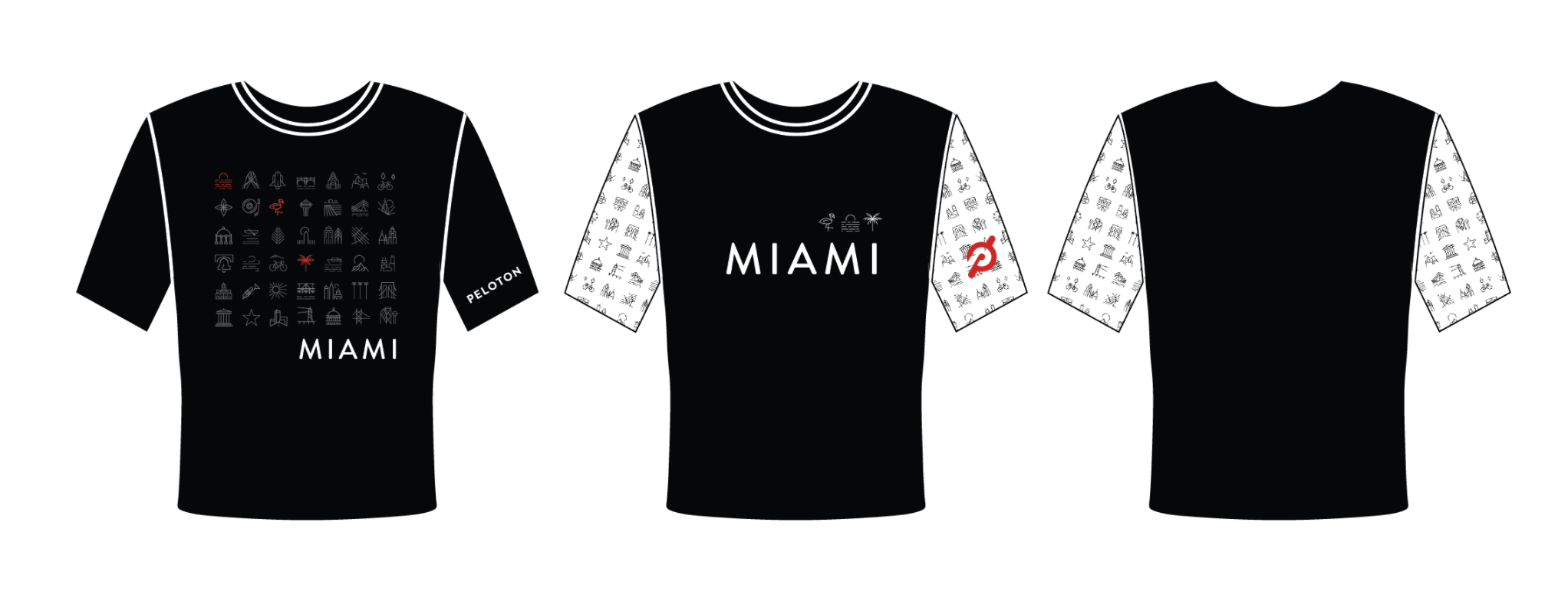 Peloton City Collection Miami t-shirt with local icon grid and sleeve pattern.