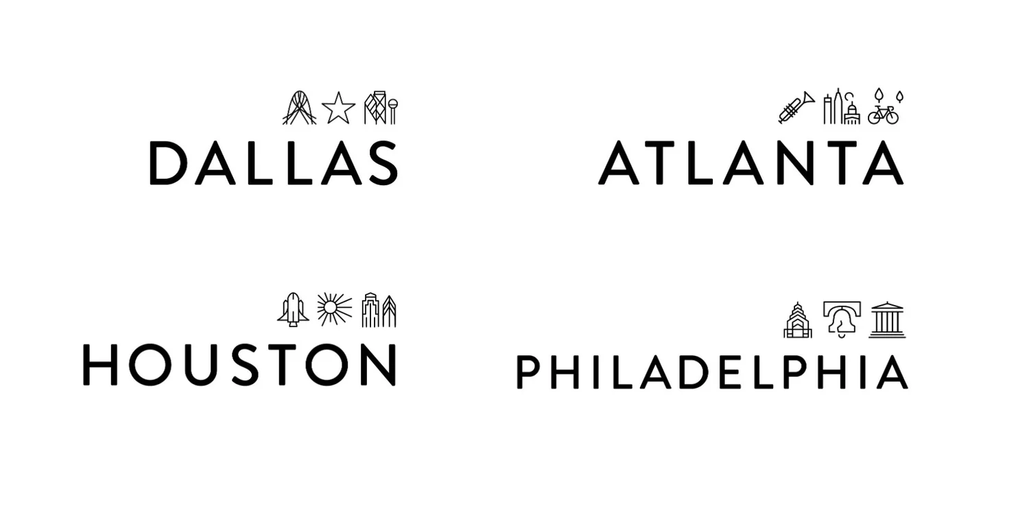 Peloton City Collection icon lockups for Dallas, Atlanta, Houston, and Philadelphia.