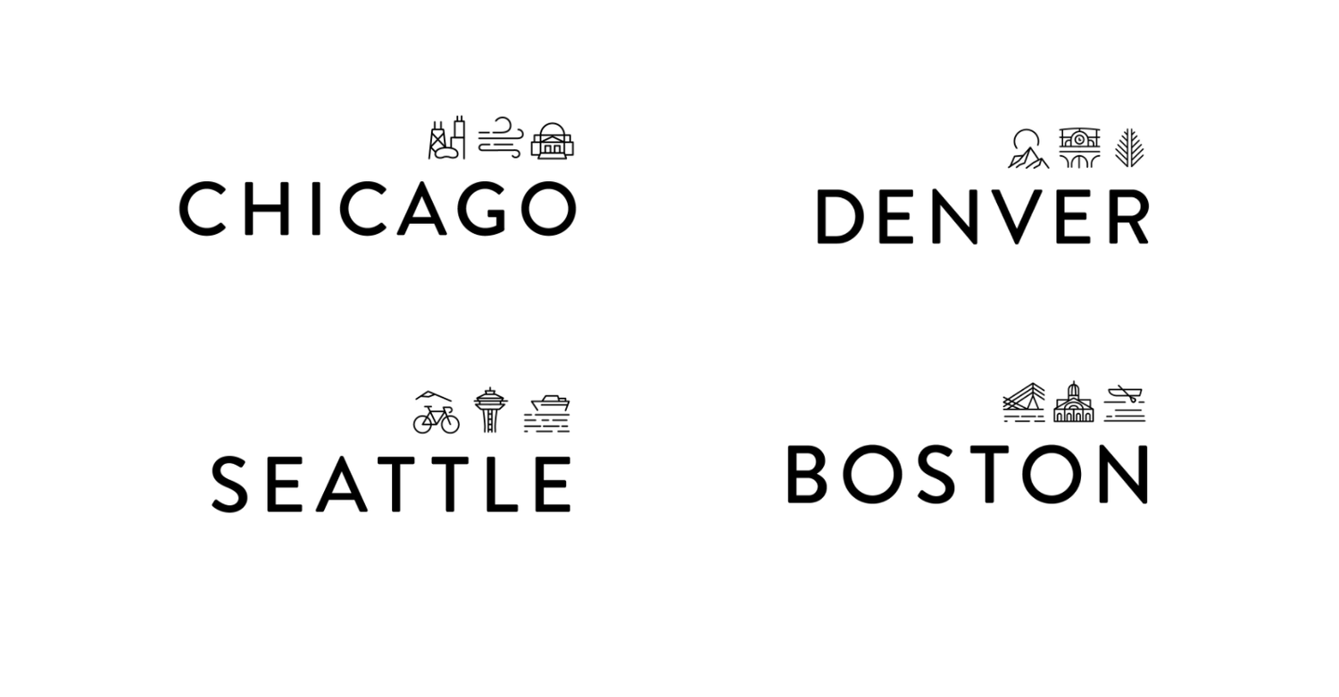 Peloton City Collection icon lockups for Chicago, Denver, Seattle, and Boston.