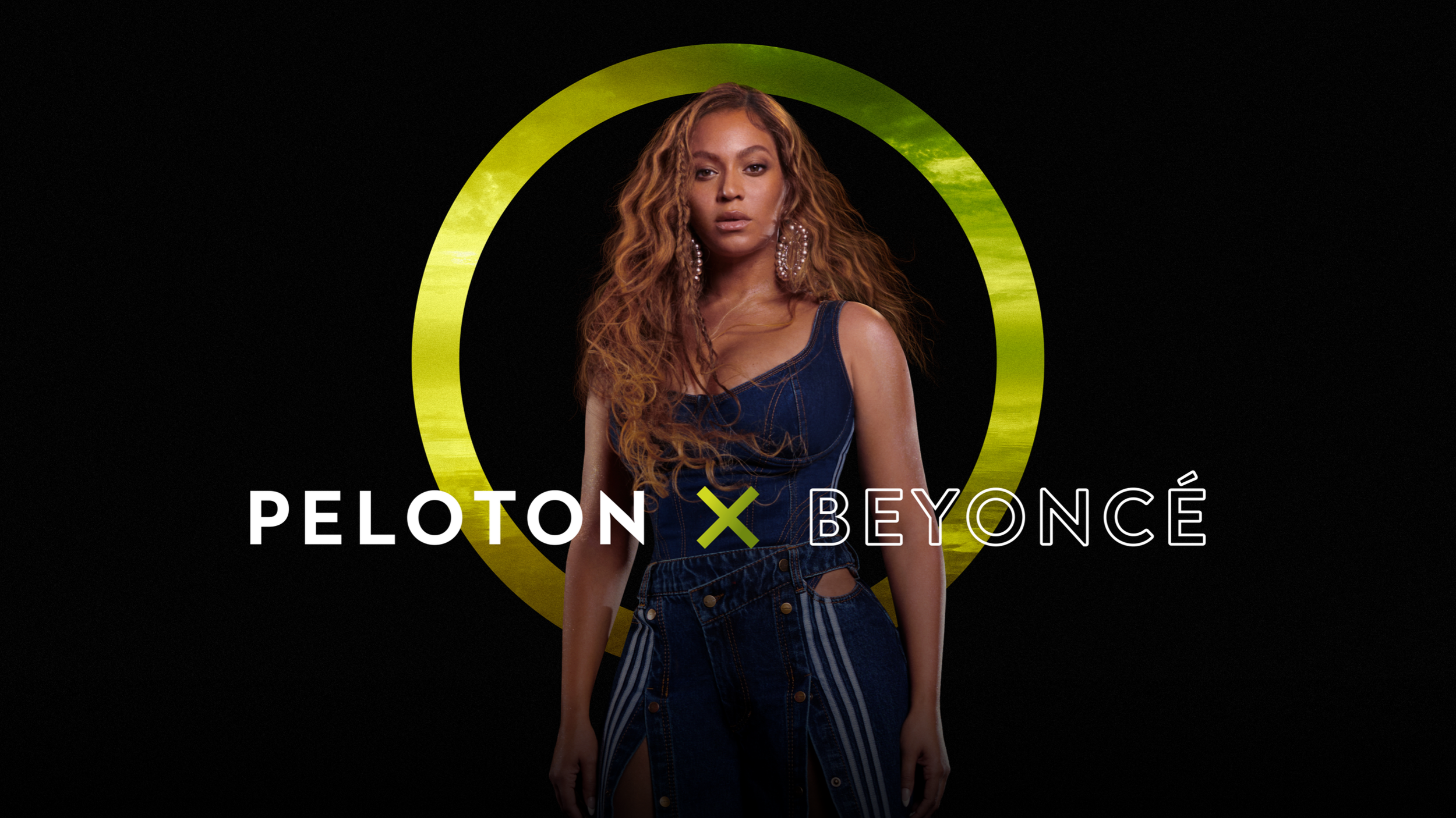 Peloton × Beyoncé Artist Series hero — Beyoncé inside a luminous green aura ring with the campaign lockup