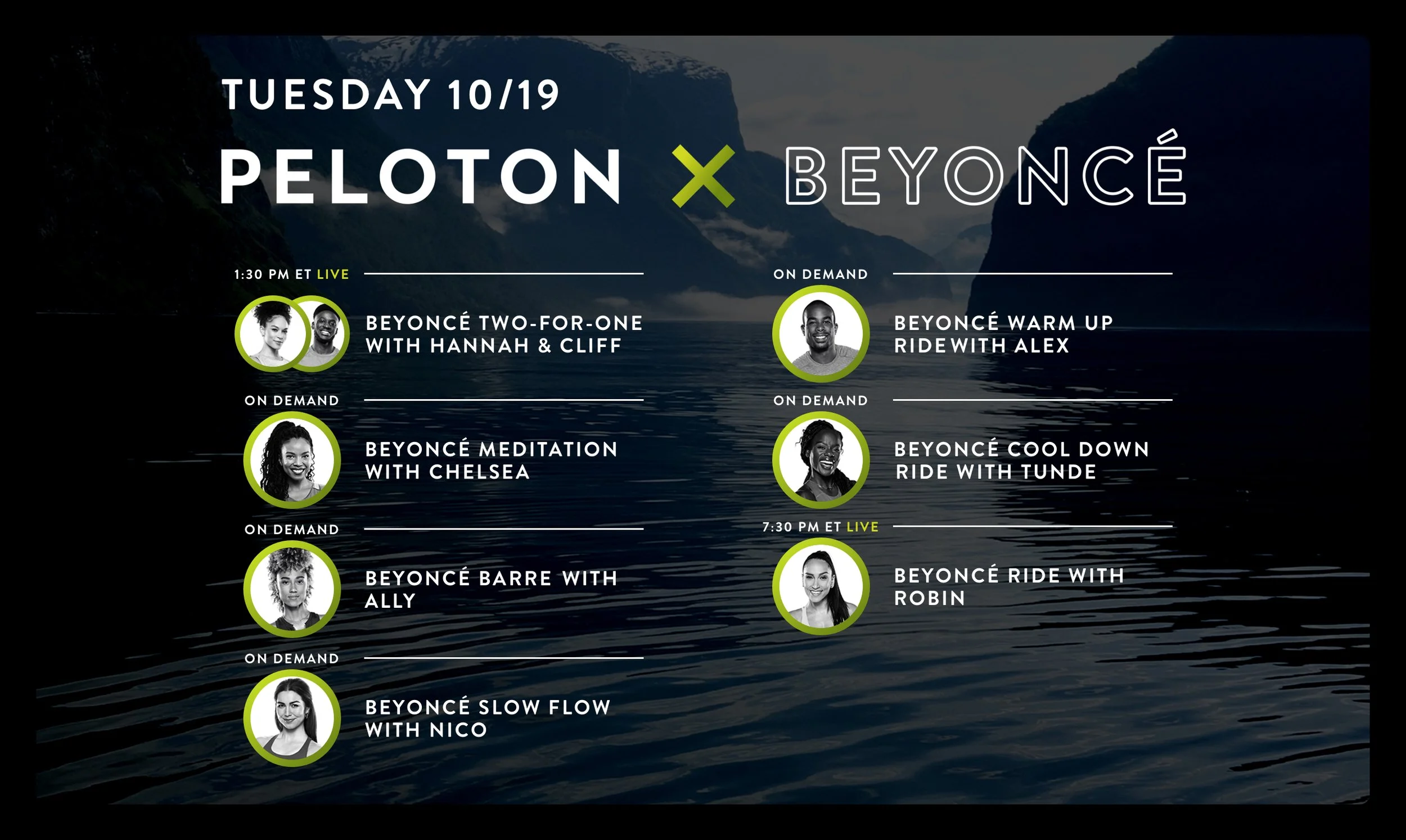 Peloton × Beyoncé Tuesday 10/19 launch-day class schedule — eight Artist Series classes across cycling, meditation, barre and yoga, set over a fjord landscape