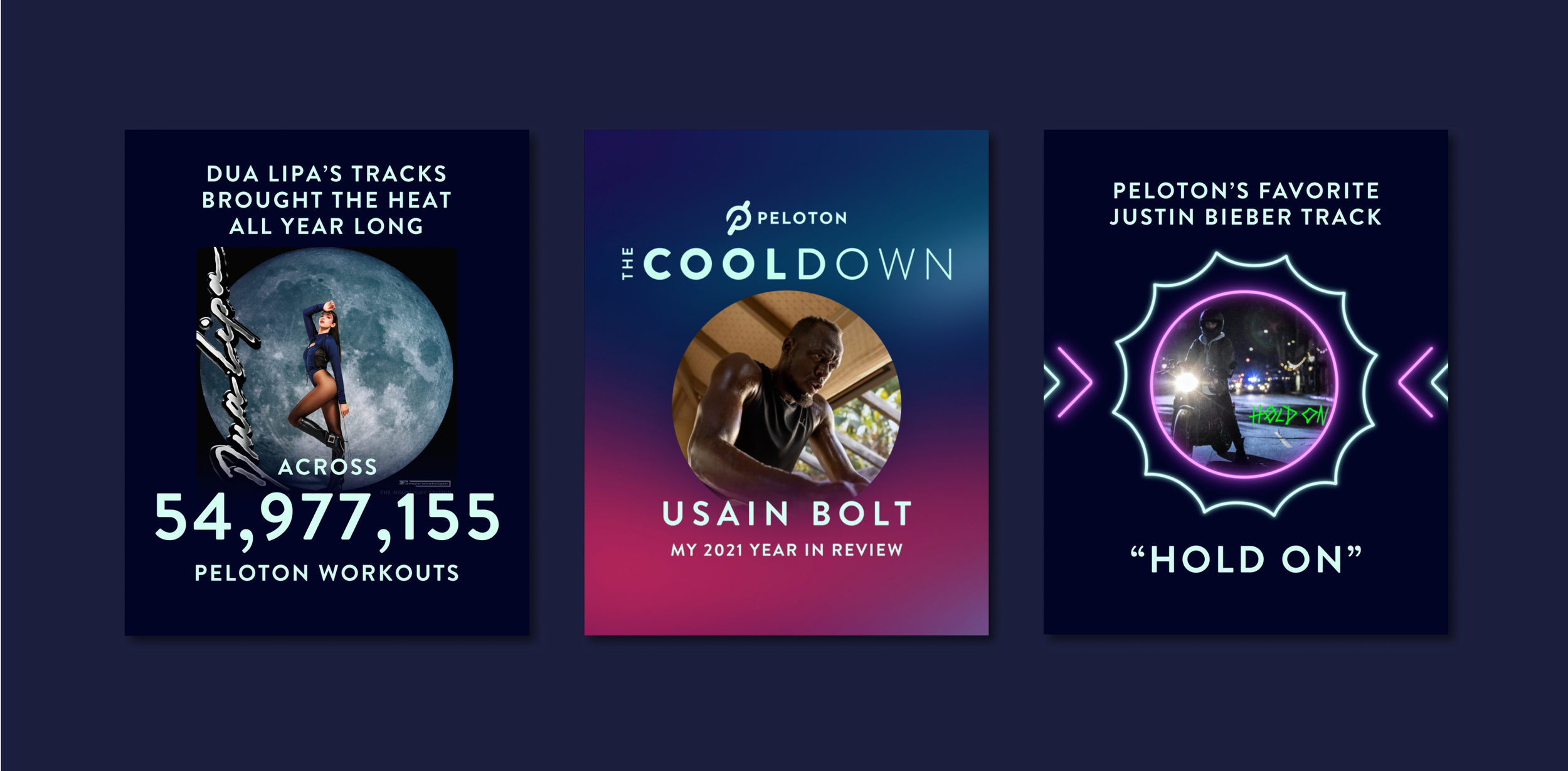 Two phone mockups showing an Instagram search for #pelotoncooldown — grids of personalized Cooldown video posts from real Members.