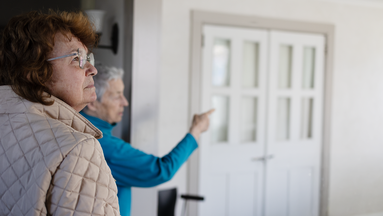 The owner gesturing toward a detail of the house during the tour