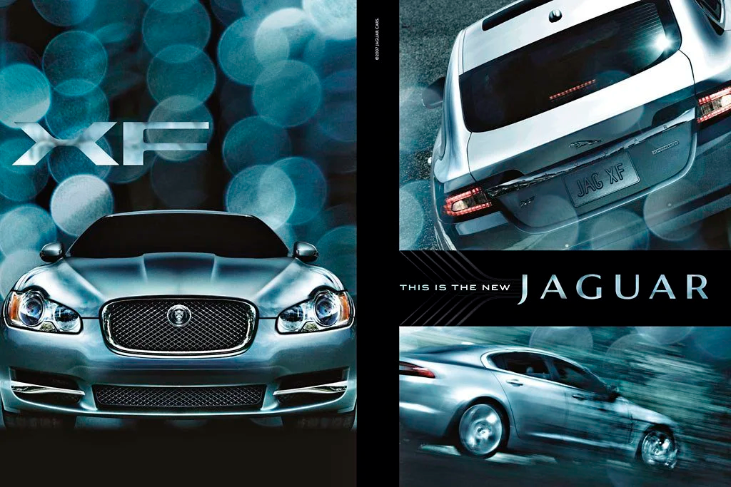 Jaguar XF spread — the XF badge over a moody blue bokeh background beside a rear three-quarter shot and the line ‘This is the new Jaguar.’