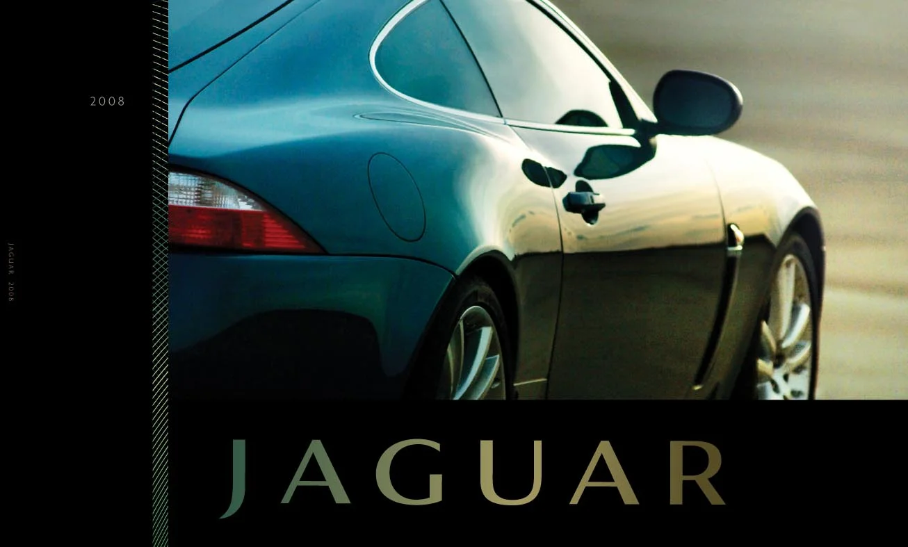 Jaguar full-line brochure cover — a moody close-up of a coupe with the Jaguar wordmark and 2008 model year.