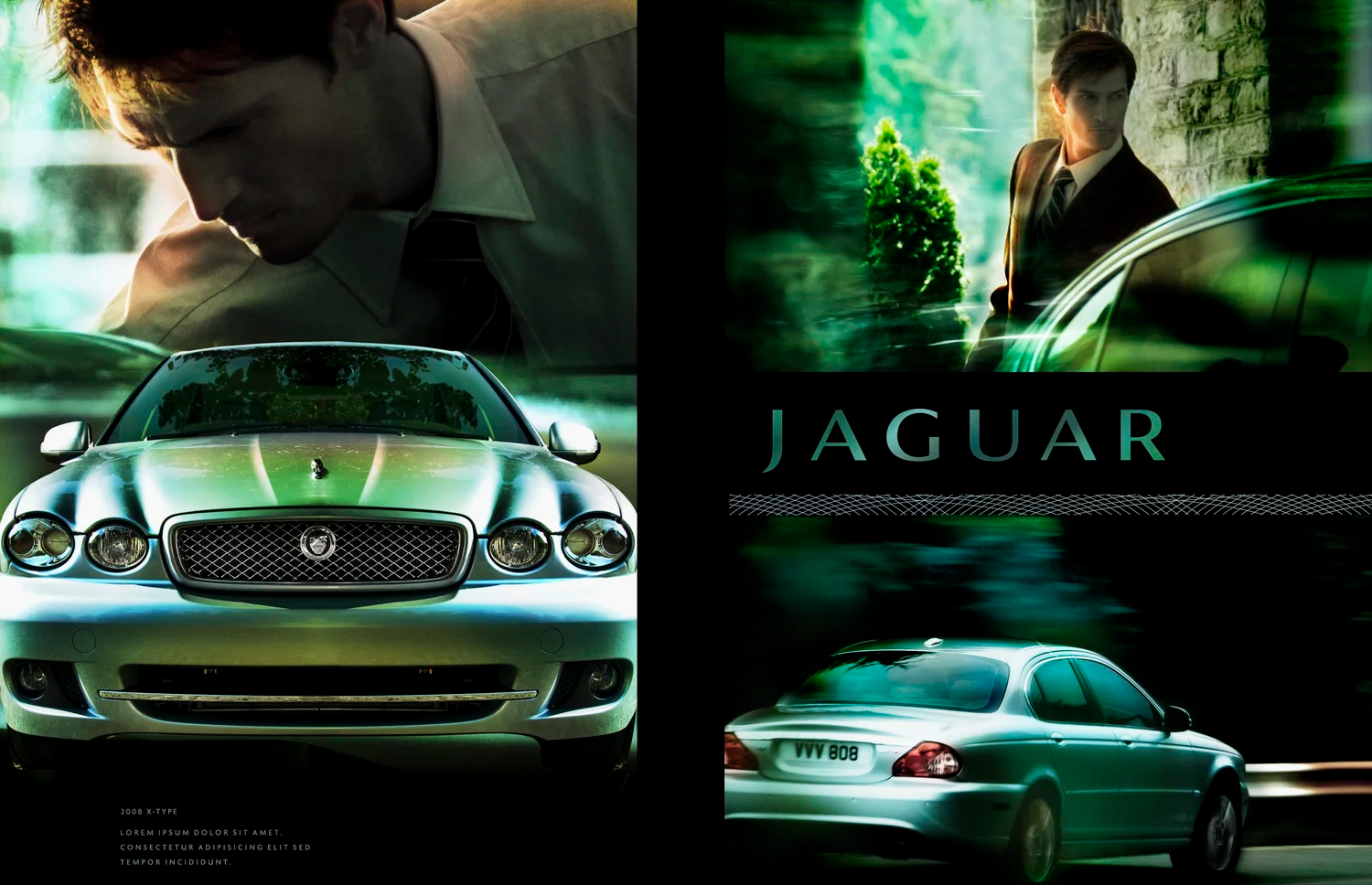 Jaguar X-Type spread — a green-toned composite of a driver, the car's grille, and the Jaguar wordmark.