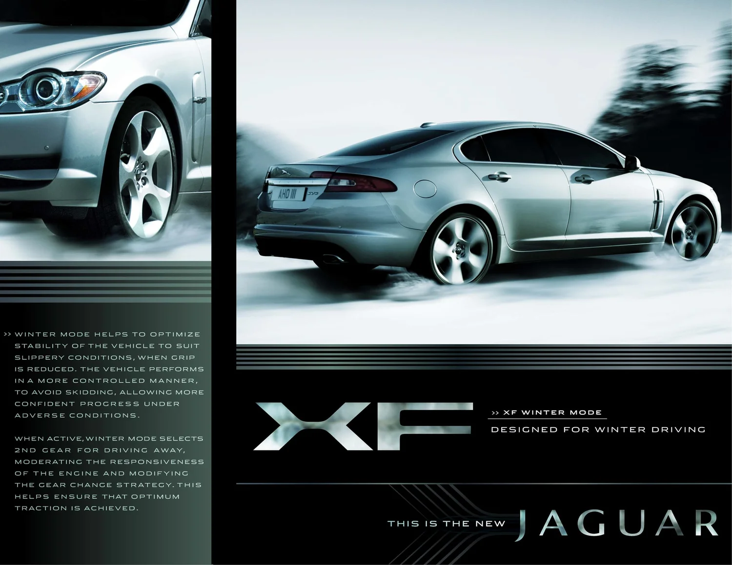 Jaguar XF winter mode spread — a wheel close-up beside the XF driving through snow with the line ‘This is the new Jaguar.’