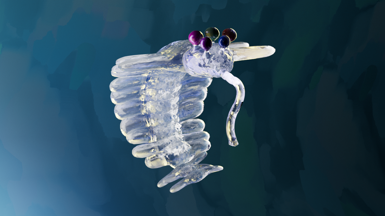 Opie — translucent five-eyed creature with iridescent purple, blue, and green orbs floating in a deep blue painted environment