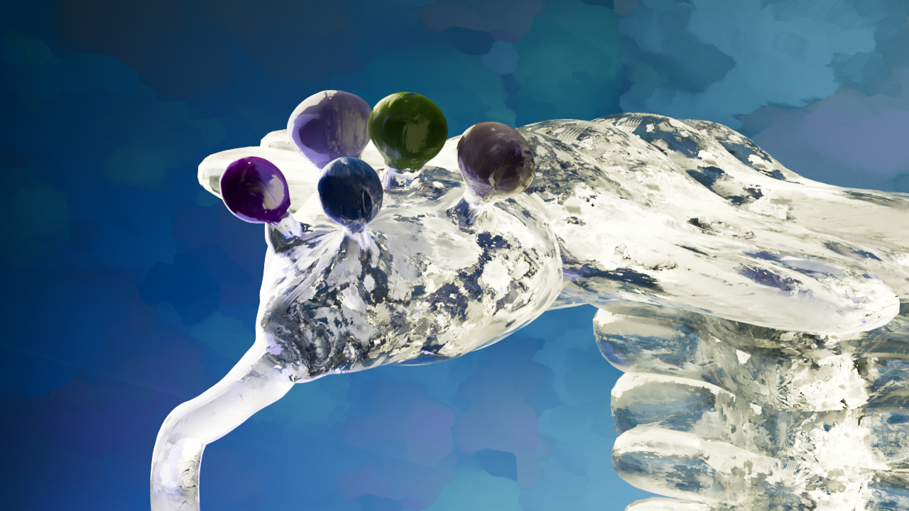 Close-up of Opie's five iridescent eyes — purple, indigo, olive, and amethyst spheres clustered above a glassy body